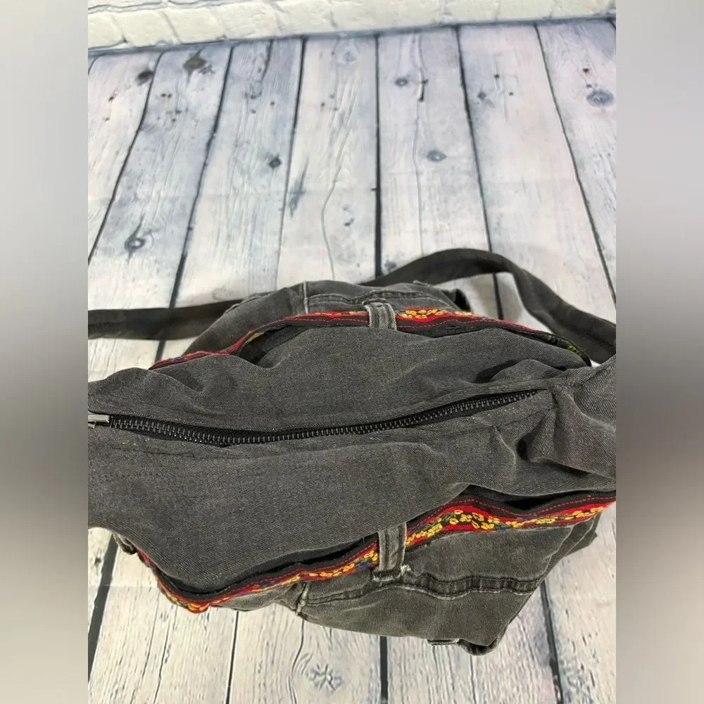 Handcrafted Black Denim Slouchy Hobo Embroidery Trim Upcycled Jean Bag Purse